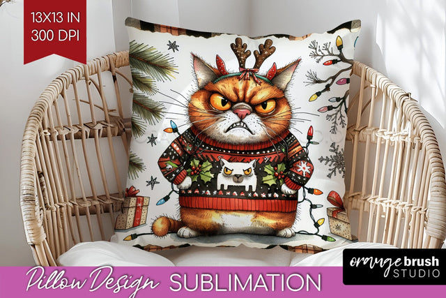 Christmas Cat Pillow Sublimation - Funny Pillow Cover PNG Sublimation OrangeBrushStudio 