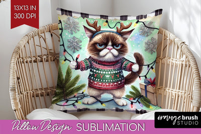 Christmas Cat Pillow Sublimation - Funny Pillow Cover PNG Sublimation OrangeBrushStudio 
