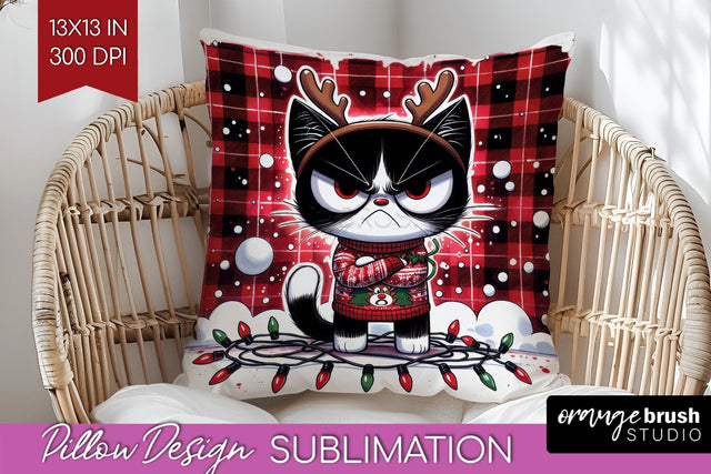 Christmas Cat Pillow Sublimation - Funny Pillow Cover PNG Sublimation OrangeBrushStudio 