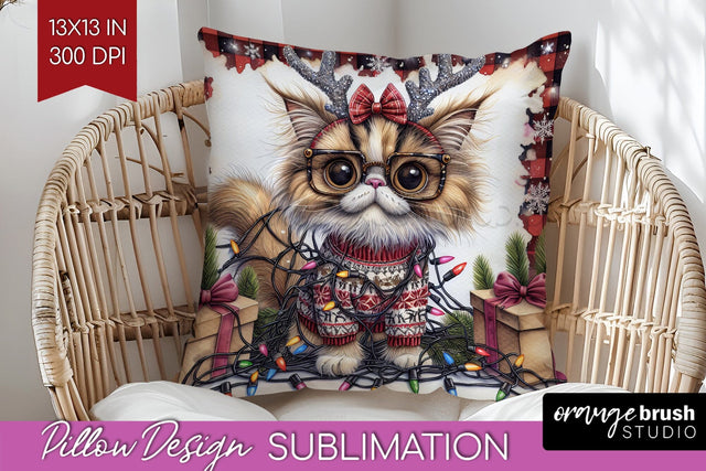 Christmas Cat Pillow Sublimation - Funny Pillow Cover PNG Sublimation OrangeBrushStudio 