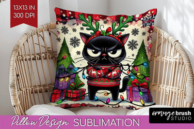 Christmas Cat Pillow Sublimation - Funny Pillow Cover PNG Sublimation OrangeBrushStudio 