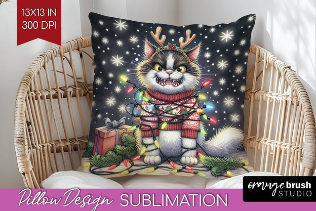 Christmas Cat Pillow Sublimation - Funny Pillow Cover PNG Sublimation OrangeBrushStudio 
