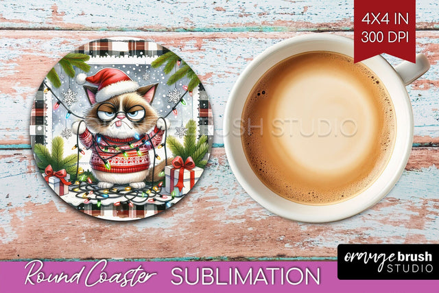 Christmas Cat Round Coaster - Funny Coaster PNG Sublimation Sublimation OrangeBrushStudio 