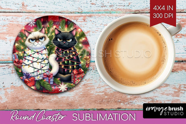 Christmas Cat Round Coaster - Funny Coaster PNG Sublimation Sublimation OrangeBrushStudio 