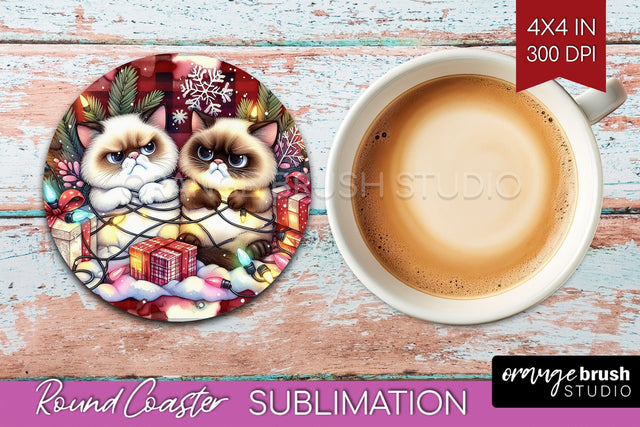 Christmas Cat Round Coaster - Funny Coaster PNG Sublimation Sublimation OrangeBrushStudio 