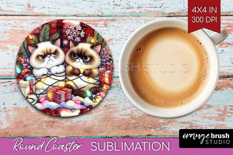 Christmas Cat Round Coaster - Funny Coaster PNG Sublimation Sublimation OrangeBrushStudio 