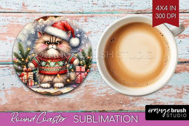 Christmas Cat Round Coaster - Funny Coaster PNG Sublimation Sublimation OrangeBrushStudio 