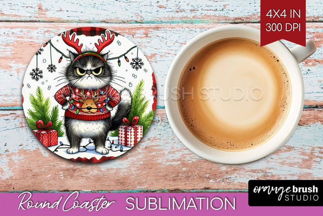 Christmas Cat Round Coaster - Funny Coaster PNG Sublimation Sublimation OrangeBrushStudio 