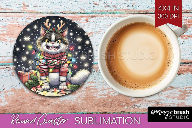 Christmas Cat Round Coaster - Funny Coaster PNG Sublimation Sublimation OrangeBrushStudio 