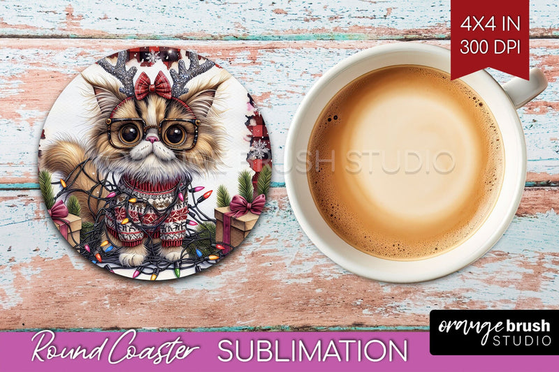 Christmas Cat Round Coaster - Funny Coaster PNG Sublimation Sublimation OrangeBrushStudio 