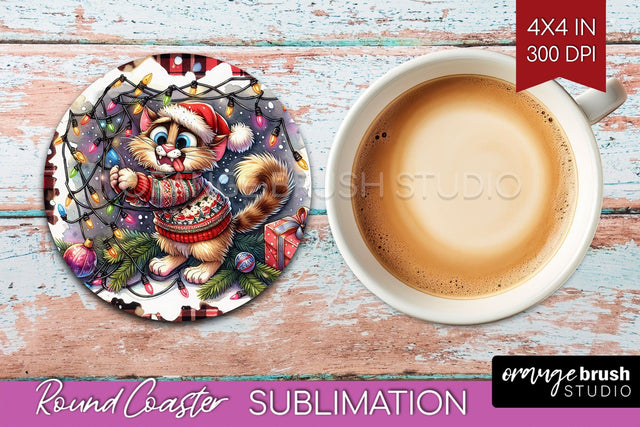 Christmas Cat Round Coaster - Funny Coaster PNG Sublimation Sublimation OrangeBrushStudio 