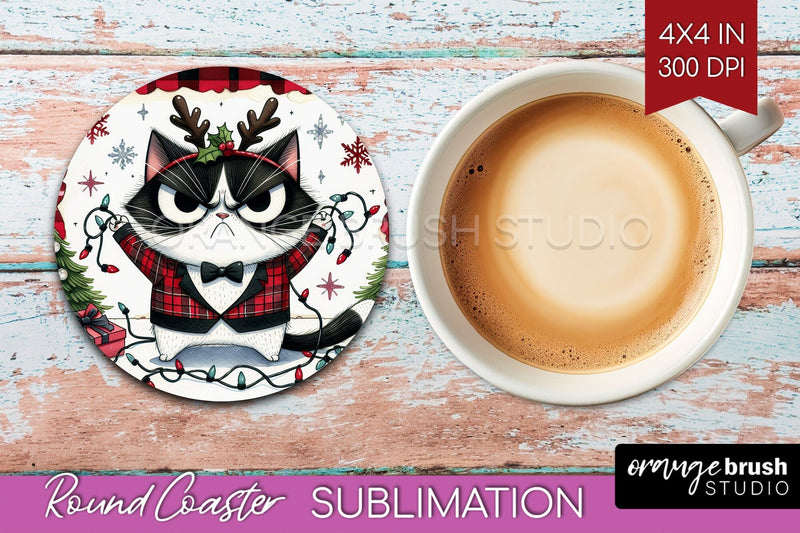 Christmas Cat Round Coaster - Funny Coaster PNG Sublimation Sublimation OrangeBrushStudio 