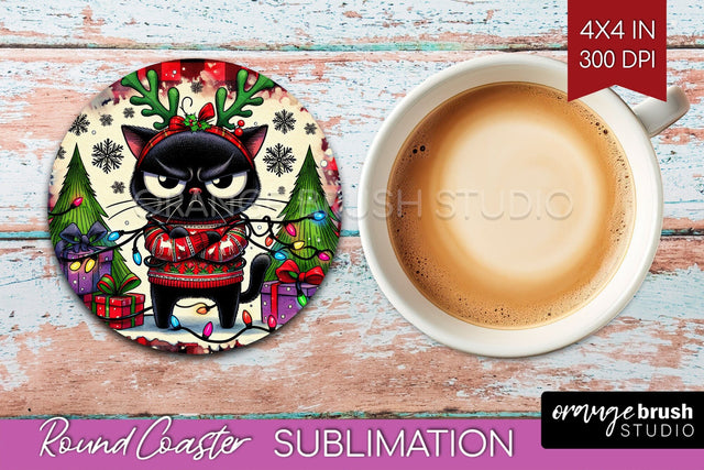 Christmas Cat Round Coaster - Funny Coaster PNG Sublimation Sublimation OrangeBrushStudio 