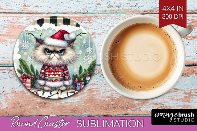 Christmas Cat Round Coaster - Funny Coaster PNG Sublimation Sublimation OrangeBrushStudio 