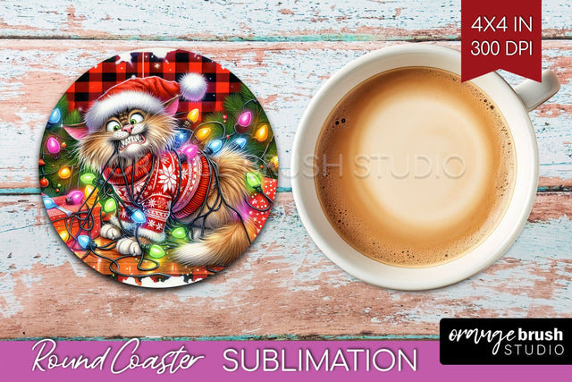 Christmas Cat Round Coaster - Funny Coaster PNG Sublimation Sublimation OrangeBrushStudio 