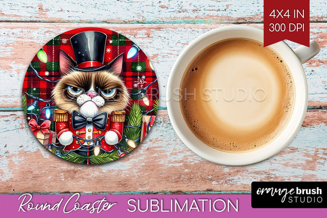 Christmas Cat Round Coaster - Funny Coaster PNG Sublimation Sublimation OrangeBrushStudio 