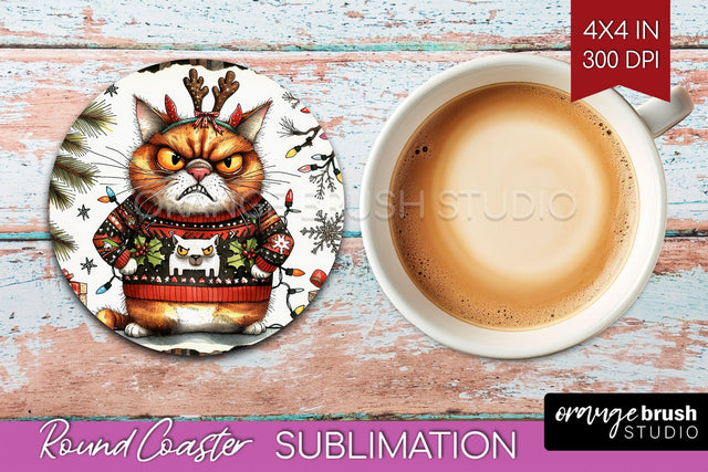 Christmas Cat Round Coaster - Funny Coaster PNG Sublimation Sublimation OrangeBrushStudio 