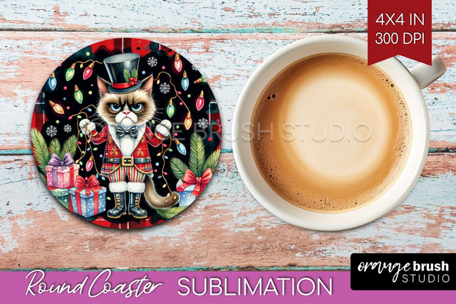 Christmas Cat Round Coaster - Funny Coaster PNG Sublimation Sublimation OrangeBrushStudio 