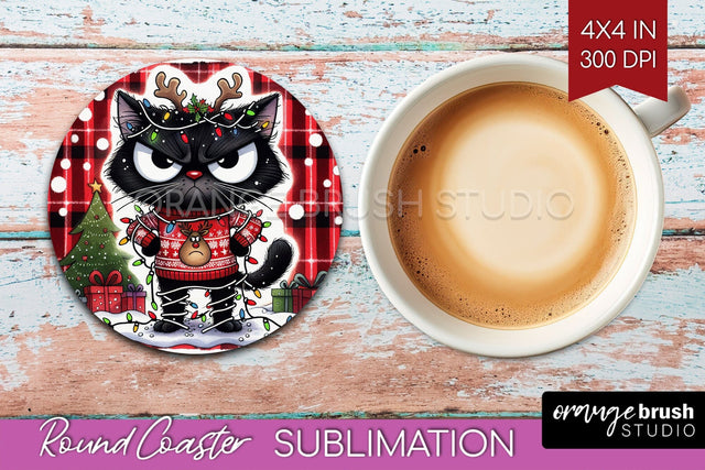 Christmas Cat Round Coaster - Funny Coaster PNG Sublimation Sublimation OrangeBrushStudio 