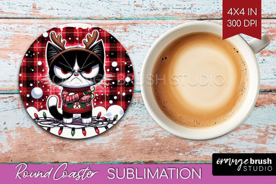 Christmas Cat Round Coaster - Funny Coaster PNG Sublimation Sublimation OrangeBrushStudio 