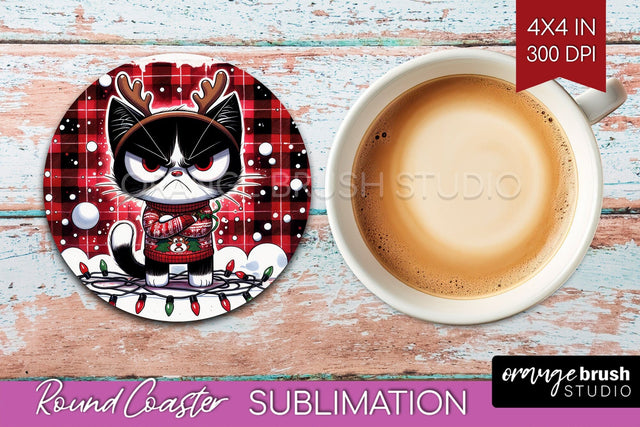Christmas Cat Round Coaster - Funny Coaster PNG Sublimation Sublimation OrangeBrushStudio 