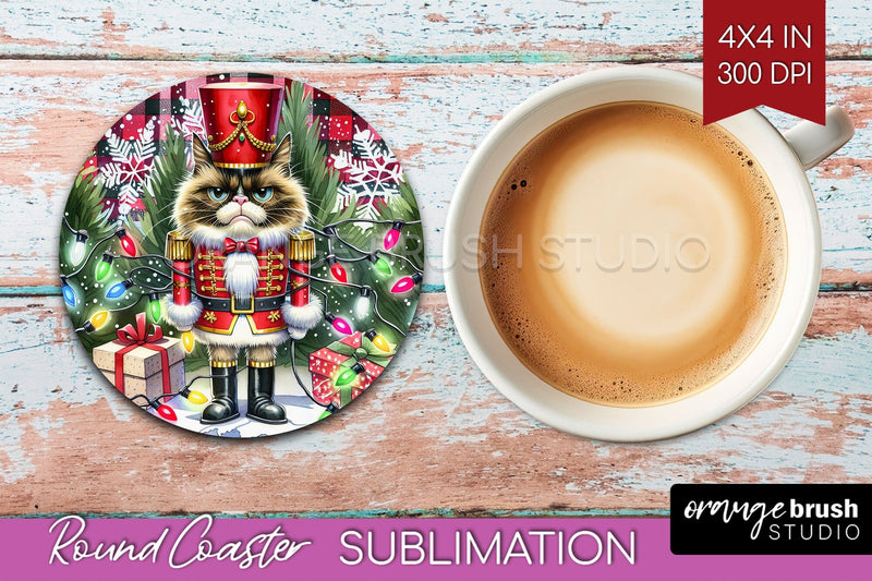 Christmas Cat Round Coaster - Funny Coaster PNG Sublimation Sublimation OrangeBrushStudio 