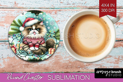 Christmas Cat Round Coaster - Funny Coaster PNG Sublimation Sublimation OrangeBrushStudio 