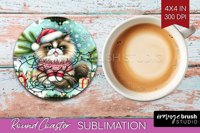 Christmas Cat Round Coaster - Funny Coaster PNG Sublimation Sublimation OrangeBrushStudio 