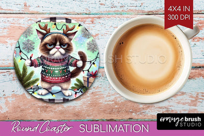 Christmas Cat Round Coaster - Funny Coaster PNG Sublimation Sublimation OrangeBrushStudio 