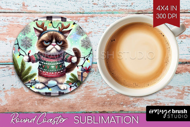 Christmas Cat Round Coaster - Funny Coaster PNG Sublimation Sublimation OrangeBrushStudio 