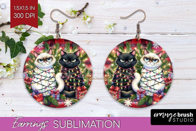 Christmas Cat Round Earrings - Funny PNG Sublimation Sublimation OrangeBrushStudio 