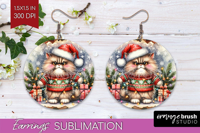 Christmas Cat Round Earrings - Funny PNG Sublimation Sublimation OrangeBrushStudio 