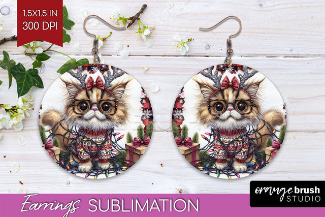 Christmas Cat Round Earrings - Funny PNG Sublimation Sublimation OrangeBrushStudio 