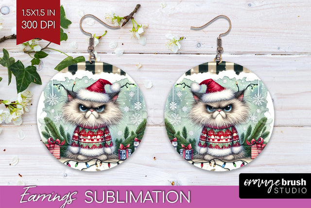 Christmas Cat Round Earrings - Funny PNG Sublimation Sublimation OrangeBrushStudio 