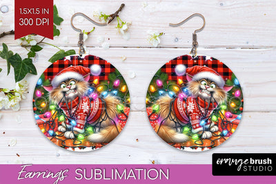 Christmas Cat Round Earrings - Funny PNG Sublimation Sublimation OrangeBrushStudio 