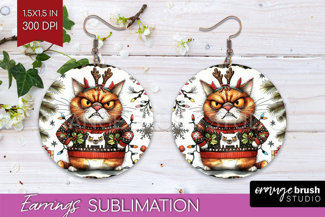 Christmas Cat Round Earrings - Funny PNG Sublimation Sublimation OrangeBrushStudio 