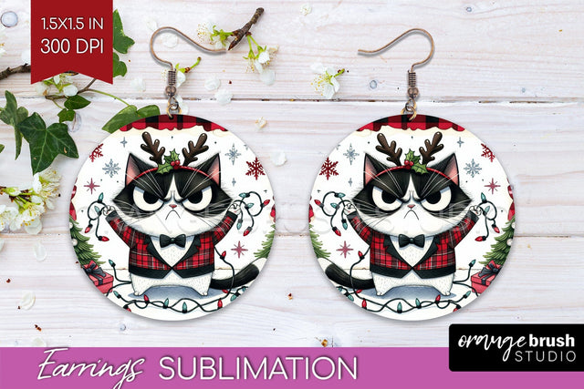 Christmas Cat Round Earrings - Funny PNG Sublimation Sublimation OrangeBrushStudio 