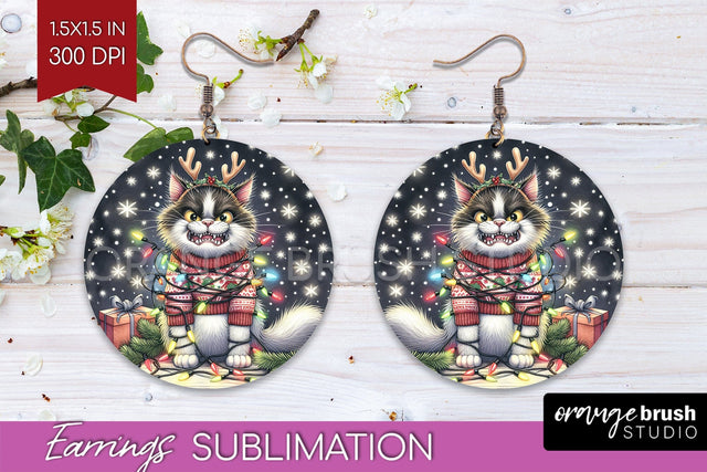 Christmas Cat Round Earrings - Funny PNG Sublimation Sublimation OrangeBrushStudio 