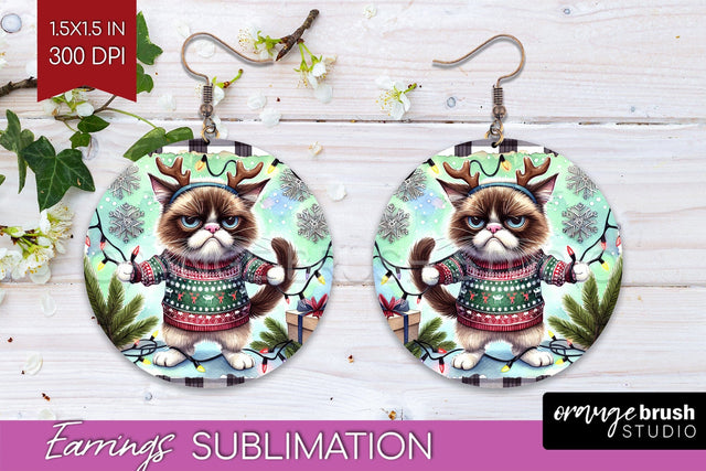 Christmas Cat Round Earrings - Funny PNG Sublimation Sublimation OrangeBrushStudio 