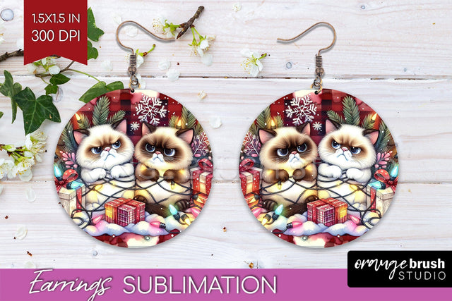 Christmas Cat Round Earrings - Funny PNG Sublimation Sublimation OrangeBrushStudio 
