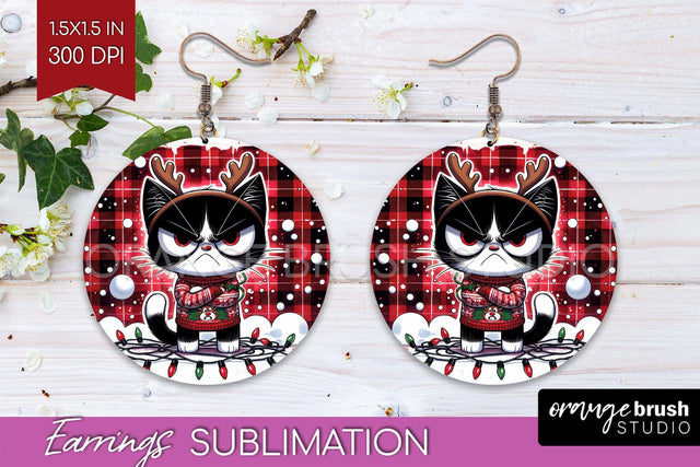 Christmas Cat Round Earrings - Funny PNG Sublimation Sublimation OrangeBrushStudio 