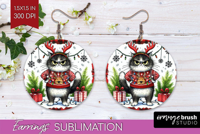 Christmas Cat Round Earrings - Funny PNG Sublimation Sublimation OrangeBrushStudio 