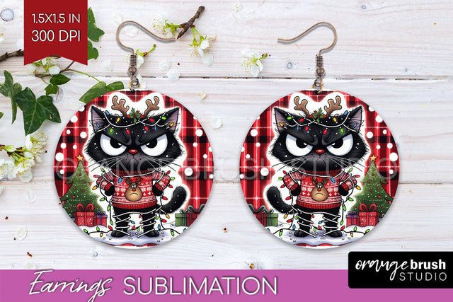Christmas Cat Round Earrings - Funny PNG Sublimation Sublimation OrangeBrushStudio 