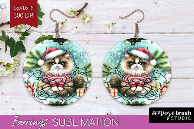 Christmas Cat Round Earrings - Funny PNG Sublimation Sublimation OrangeBrushStudio 