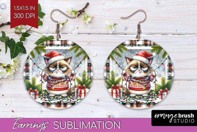 Christmas Cat Round Earrings - Funny PNG Sublimation Sublimation OrangeBrushStudio 