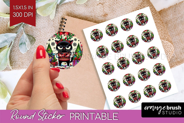 Christmas Cat Round Sticker - Funny Printable Sticker Sheet Sublimation OrangeBrushStudio 