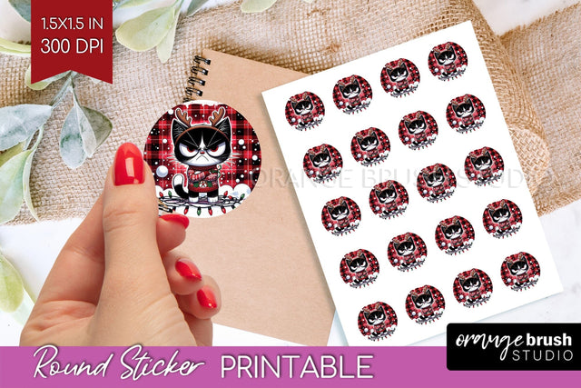 Christmas Cat Round Sticker - Funny Printable Sticker Sheet Sublimation OrangeBrushStudio 