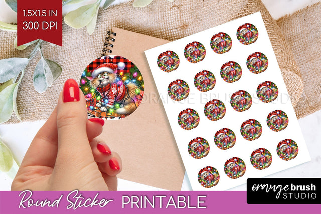 Christmas Cat Round Sticker - Funny Printable Sticker Sheet Sublimation OrangeBrushStudio 