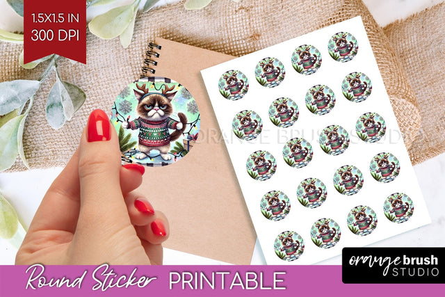 Christmas Cat Round Sticker - Funny Printable Sticker Sheet Sublimation OrangeBrushStudio 