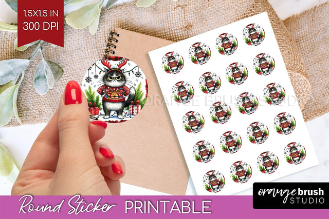 Christmas Cat Round Sticker - Funny Printable Sticker Sheet Sublimation OrangeBrushStudio 